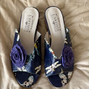 Spring Step L'Artiste Navy Floral Mules with Purple Accent